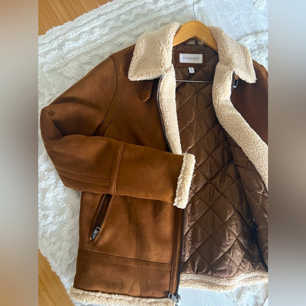 Calvin Klein. Modern Fit Faux Suede and Shearling Bomber Jacket